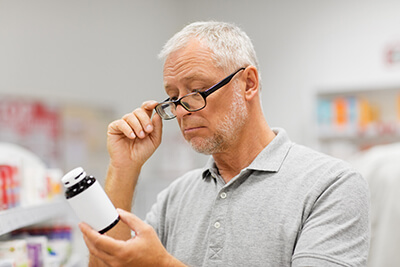 man reading prescription botttle